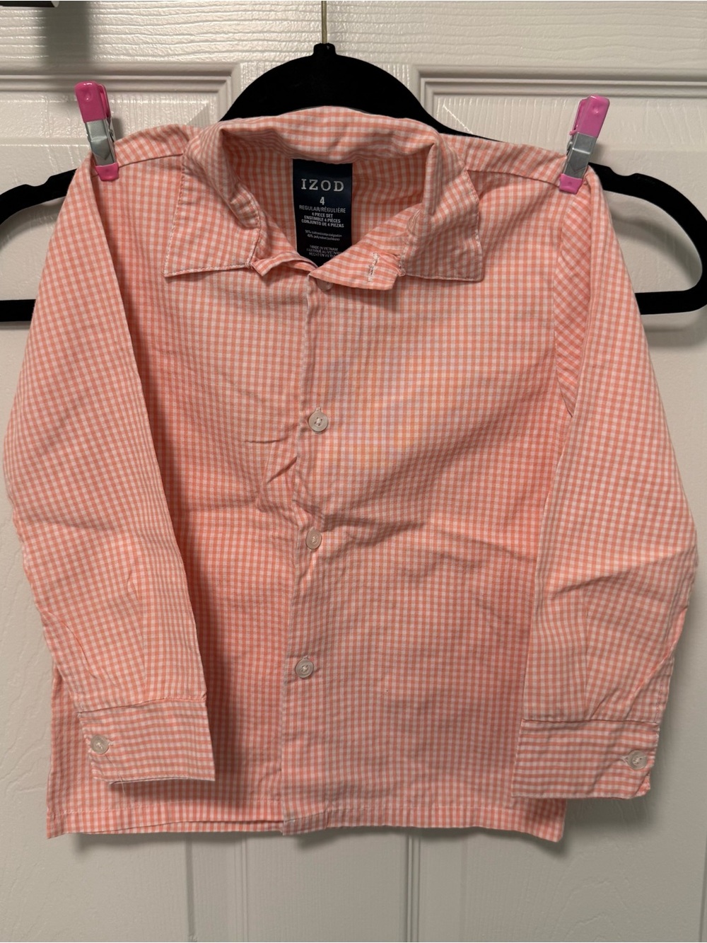 Izod Toddler Boys Button Front L/S Dress Shirt Peach Checkered EUC Sz 4